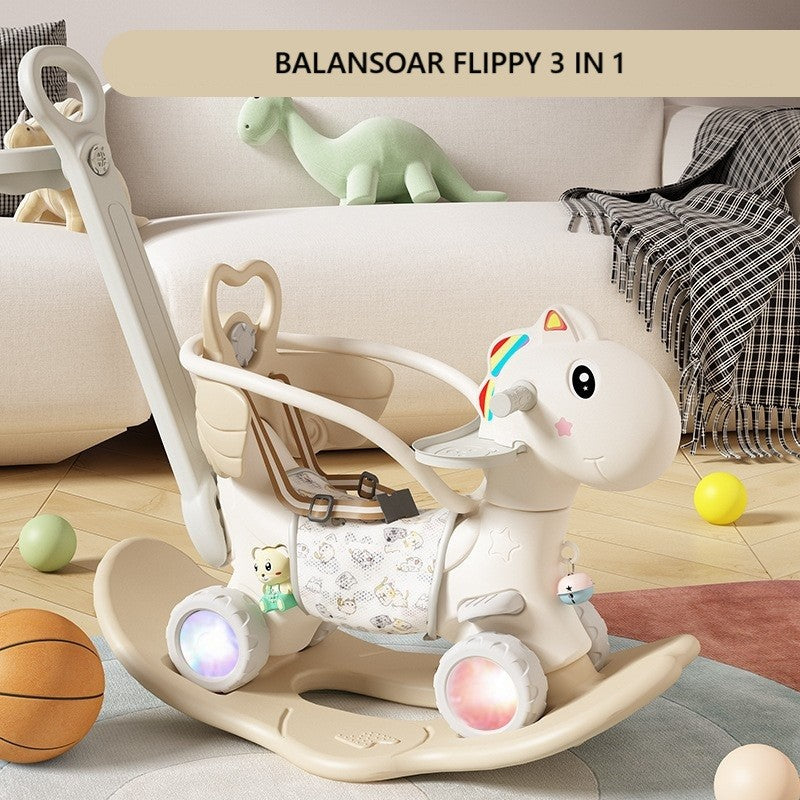 Balansoar pentru Copii, bej, 3in1, cu Spatar si Bara de Siguranta, Maner cu Cos de Basket, Tava de Masa, Roti Luminoase, 80 x 43 x 83 cm, din Plastic, + 3 Ani, Bej