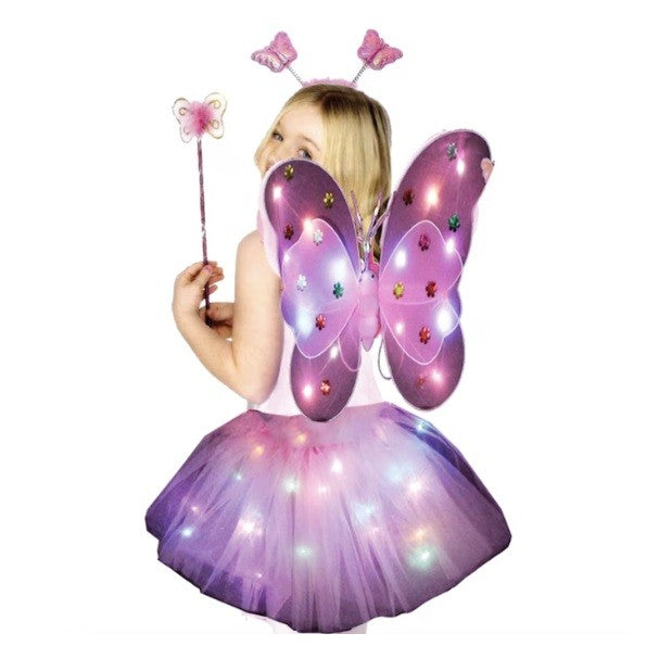 Costum Fluturas cu Aripi Modelabile Luminoase pentru Copii, Flippy, Fusta din Tul cu Lumini, Bagheta si Bentita, 4 piese, Pentru Halloween, Roleplay, Craciun, Carnaval, Paste, Ziua Copilului, Bumbac/Poliester, Marime universala, Roz-Rosu
