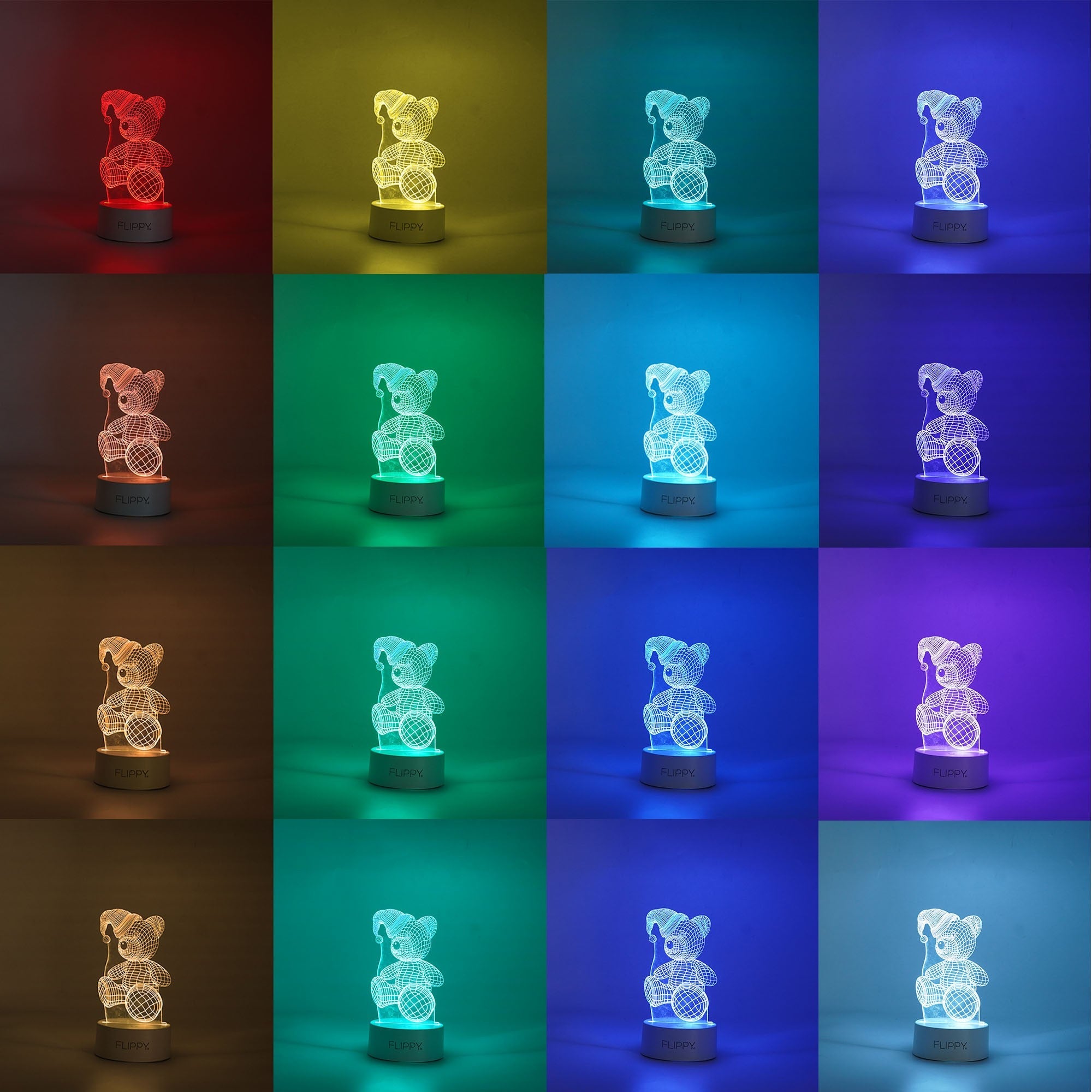 Lampa LED decorativa, Flippy, 3D, Urs cu palarie, cu telecomanda, doua moduri de alimentare USB si baterii, 20 cm inaltime, din material acril si lumina multicolora, alb