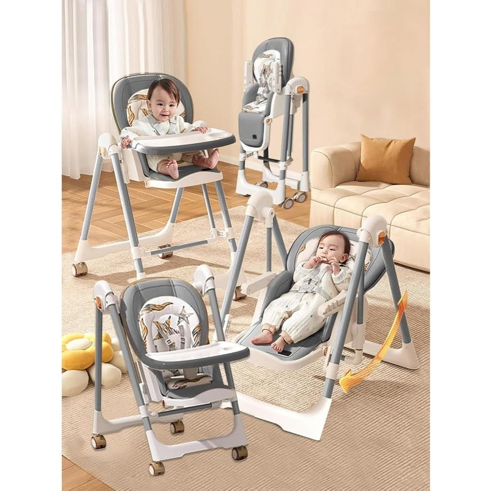 Scaun de Masa 2in1, Flippy, pentru Copii 6 luni - 4 Ani, Pliabil, cu Roti, Balansoar, Leagan, Reglabil, Tava de Masa Dubla, Centura in 5 Puncte, 96 x 56 x 76 cm, Gri