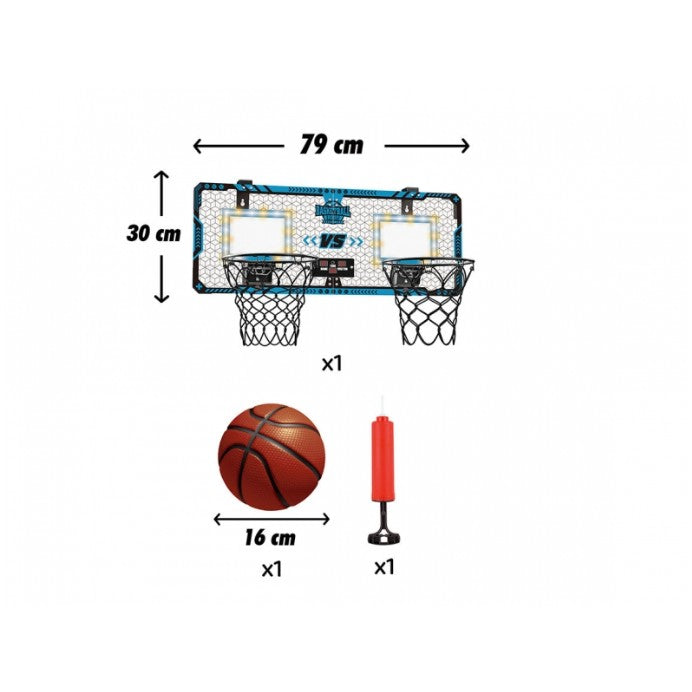 Set 2 Cosuri de Baschet pentru Copii, cu Tablou de Bord Electronic, Pentru 2 Jucatori, Minge, Pompa, 2 Moduri, Interior/Exterior, Inel Metalic si Rabatabil cu Arc, Luminos, 60x31x6 cm, Multicolor
