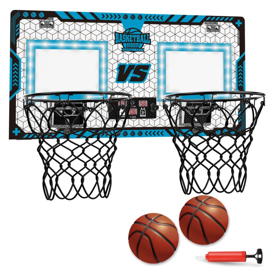 Set 2 Cosuri de Baschet pentru Copii, cu Tablou de Bord Electronic, Pentru 2 Jucatori, Minge, Pompa, 2 Moduri, Interior/Exterior, Inel Metalic si Rabatabil cu Arc, Luminos, 60x31x6 cm, Multicolor
