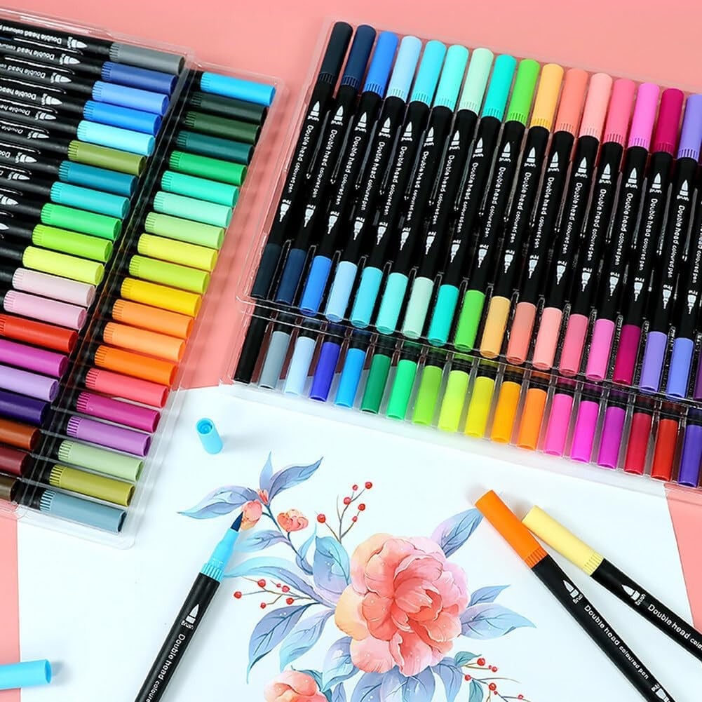 Set Carioci pe Baza de Apa, Flippy, 2 in 1, pentru Pictura, Caligrafie, 72 Culori, Penar Negru, Corp Carioca Negru, 24.5 x 18.5 x 5 cm, Multicolor