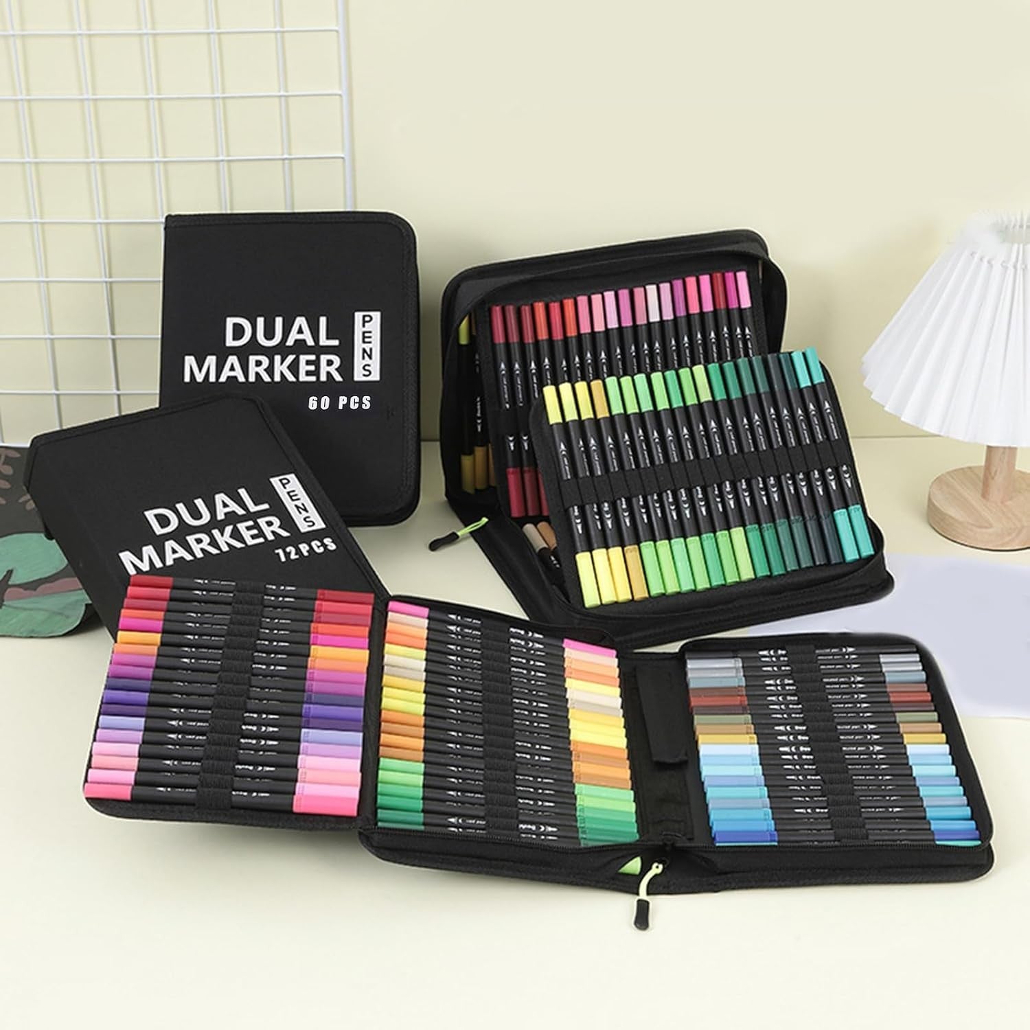 Set Carioci pe Baza de Apa, Flippy, 2 in 1, pentru Pictura, Caligrafie, 72 Culori, Penar Negru, Corp Carioca Negru, 24.5 x 18.5 x 5 cm, Multicolor